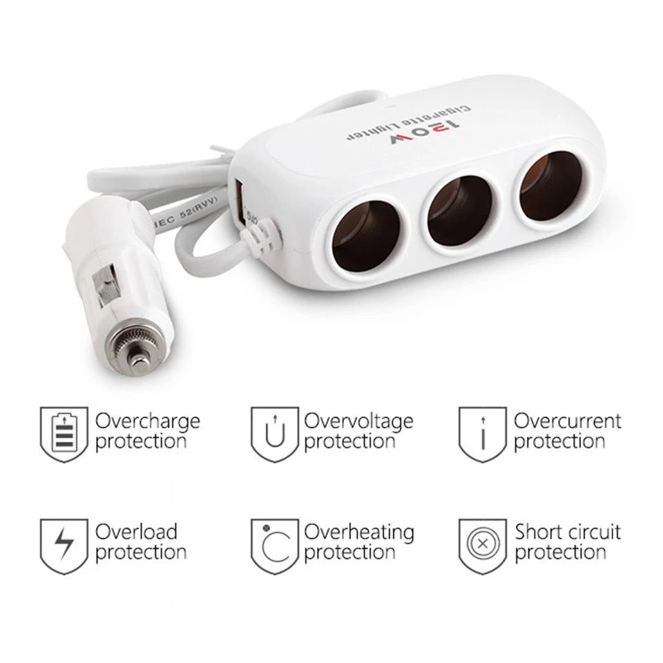three way car cigarette lighter socket splitter 3 & Dual USB In-Car Charger & Type-C DO NOT EXCEED THE TOTAL POWER OF 100W 3 Way 12V 24V Multi